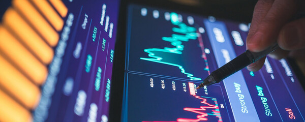 Analyzing stock market data on a tablet with a stylus, financial investment