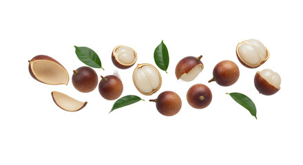 Fresh Lychee Fruits and Green Leaves on a White Background, A Delicious Tropical Fruit