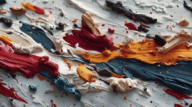 Close-up of colorful oil paint strokes on a textured light blue s with rich vibrant hues and artistic detail