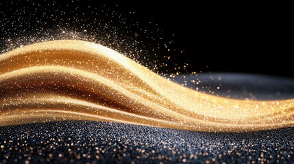 A dynamic wave of golden glitter sparkles flows across a dark, textured surface also covered in fine sparkles.