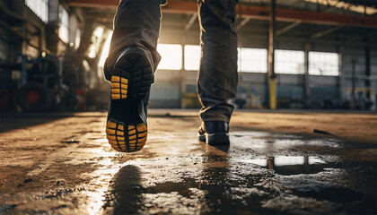 Worker safety boots walking through wet industrial warehouse floor at sunrise