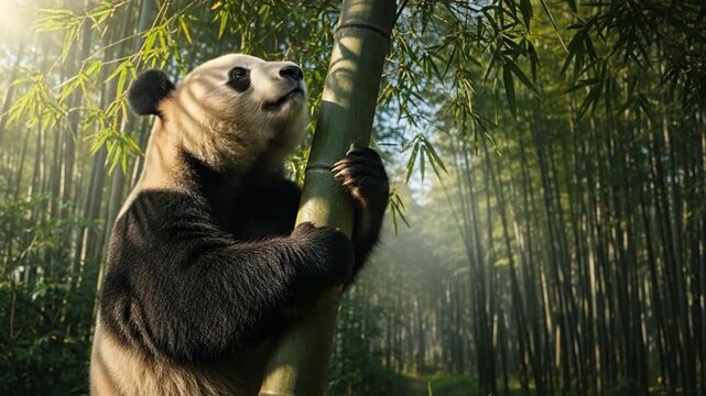 Panda's Serene Bamboo Embrace, Cute wildlife moment with captivating forest background
