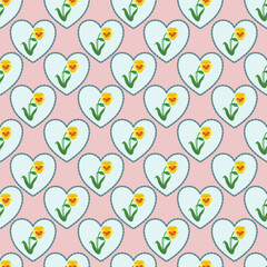 seamless Purple  Floral Pattern with Cute roes cosmos style blossoms, heart icons and Star Elements
