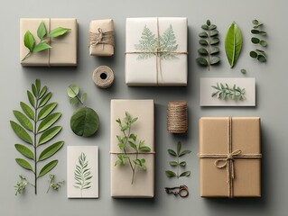 Eco-friendly gift wrapping with natural leaves twine and kraft paper in a thoughtful eco conscious packaging setup