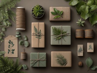 Flat Lay Arrangement of Eco Friendly Sustainable Wrapped Gifts with Natural Botanical Decorations and Greenery