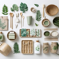 Eco Friendly Spa and Wellness Natural Skincare Products With Green Botanicals Zero Waste Accessories and Wooden Tools Arrangement