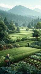 Lush green farmland with workers tending crop fields surrounded by mountains and dense forest