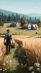 Serene rural landscape with farmer walking through golden wheat field towards cozy farmhouses and lush forest backdrop