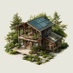 Eco Friendly Modern Two Story Cabin House with Solar Panels Surrounded by Green Trees and Nature