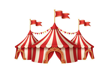 Three classic striped circus tents with flags isolated on transparent background