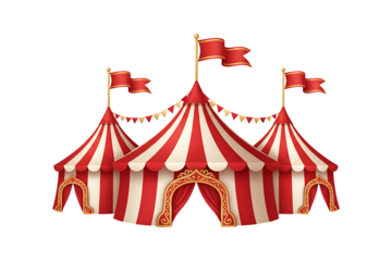 Three classic striped circus tents with flags isolated on transparent background