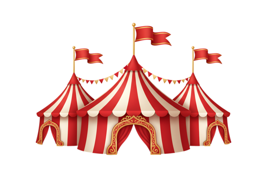 Three classic striped circus tents with flags isolated on transparent background
