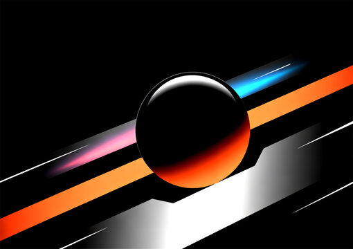 A glossy black sphere rests on diagonal orange and white stripes with blue and pink light trails. - Powered by Adobe