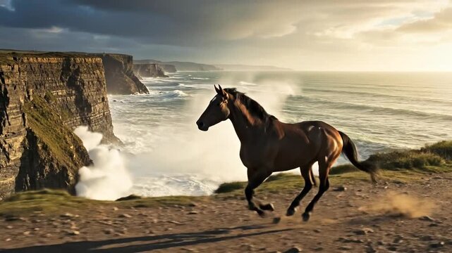 Majestic horse galloping along coastal cliff path amidst crashing waves at sunset
