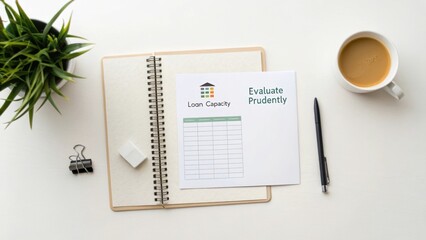Loan Capacity Evaluation Sheet on Desk with Coffee, Notebook, and Green Plant for Financial Planning and Assessment