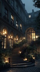 Elegant historic building exterior nighttime scene with illuminated and classic architecture