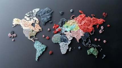 A textured, three-dimensional world map composed of differently colored and textured continents, with small, virus-like shapes scattered around.