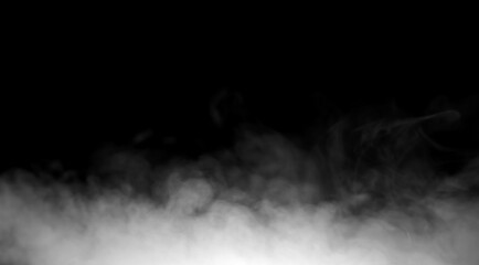 White smoke or fog floating on black background. Abstract mist texture for overlay, spooky atmosphere, or cinematic visual effect in creative design and digital artwork.