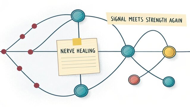 Conceptual illustration of nerve healing process with colorful nodes and lines representing signals and strength in healing journey
