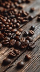 Close-up of roasted coffee beans scattered on rustic wooden surface with warm natural lighting