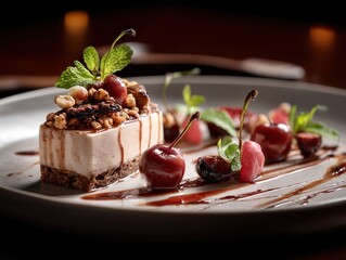 Elegant dessert plate featu a layered creamy cake garnished with fresh mint and cherries