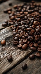 Close-up of roasted coffee beans scattered on rustic wooden surface with rich brown tones and texture