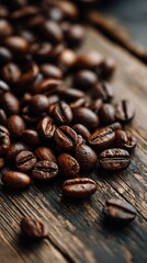 Close-up of roasted coffee beans scattered on a rustic wooden surface with natural lighting and warm tones