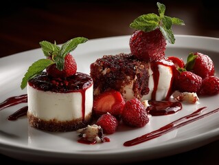 Delicious berry cheesecake with fresh raspberries mint leaves chocolate sauce on white plate dessert