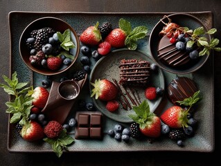 Assorted fresh berries and chocolates arranged on a black serving tray with green leaves and chocolate pieces