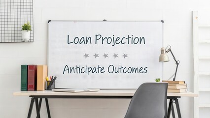Desk Setup with Loan Projection Board and Anticipate Outcomes Message in Modern Office Space