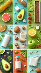 Fresh healthy food ingredients for nutritious meal preparation including fruits vegetables dairy nuts and seeds collage