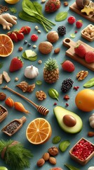 Vibrant Variety Of Fresh Fruits Nuts And Sweets Spread On Bright Blue Background For Healthy Eating