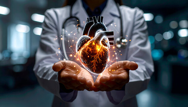 Close-up of doctor in white coat holding hologram heart shape in hand. Concept of advanced medical technology, heart/lung disease, disease treatment, health protection and future of digital healthcare