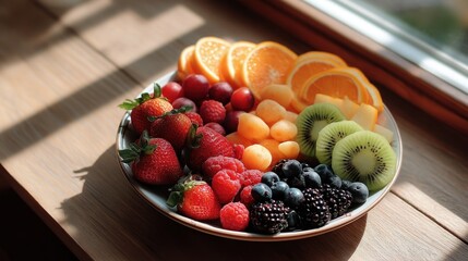 Fresh assorted sliced and whole fruits in a white bowl on wooden table with sunlight streaming in