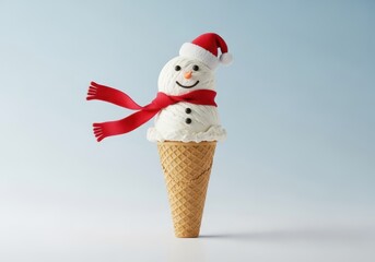 Festive snowman ice cream cone with a red scarf and santa hat on a light blue background