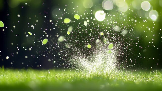 A dynamic close-up shot captures water droplets and small green leaves exploding upwards from a vibrant green lawn, bathed in soft, dappled sunlight.