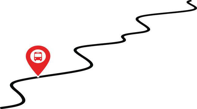 Bus Route Location Pin on Road Vector Illustration with Black Line Path and Red Pointer Symbol Sign Isolated on Transparent Background Perfect for Map Design and Navigation