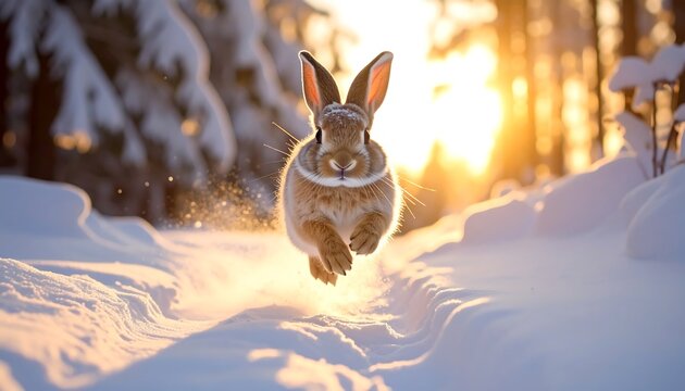 Rabbit leaps through snowy landscape at sunrise.
