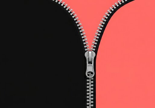 Silver zipper opening black and coral fabric, revealing the contrast between darkness and vibrant color
