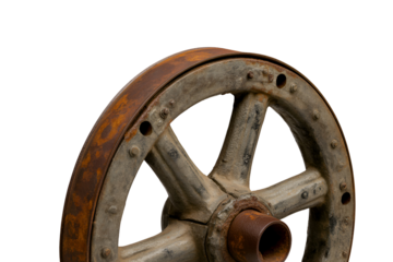 Antique wooden wagon wheel with rusted metal rim isolated on transparent background