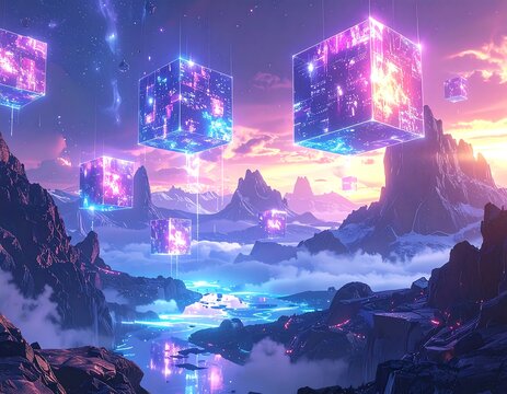 Surreal digital art of floating crystalline cubes over a misty landscape