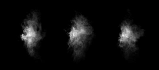 White smoke or mist cloud isolated on black background, realistic fog texture effect for photo editing, design overlay, or Halloween theme. Ideal for vapor, steam, or ghostly atmosphere visuals.