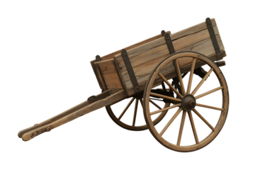 Old wooden cart with large spoked wheels isolated on transparent background