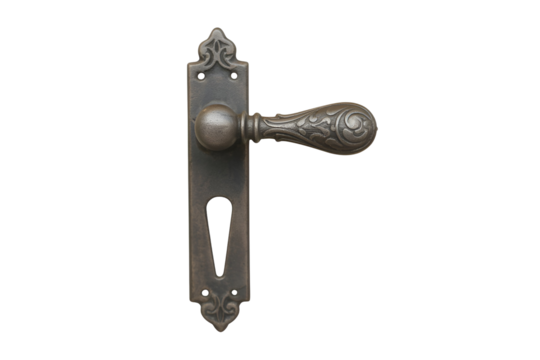 Antique ornate door handle hardware isolated on transparent background