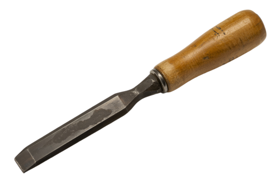 Antique woodworking chisel with wooden handle isolated on transparent background