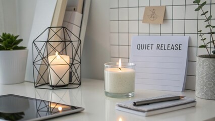 Cozy workspace with candle, plant, and stylish stationery on minimalistic desk for relaxation and productivity inspiration