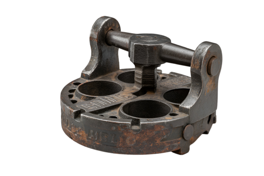 Antique mechanical device with multiple circular openings isolated on transparent background