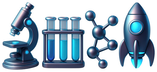 Collection of science and technology icons including microscope test tubes molecule and rocket beaker isolated on a transparent background