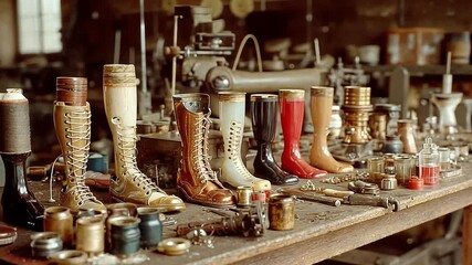 Vintage shoe crafting tools and materials arranged neatly on a wooden workbench in workshop