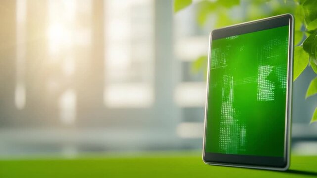 Green Screen Tablet: A cutting-edge tablet displaying a vibrant green screen, its sleek design harmoniously intertwined with the freshness of nature.